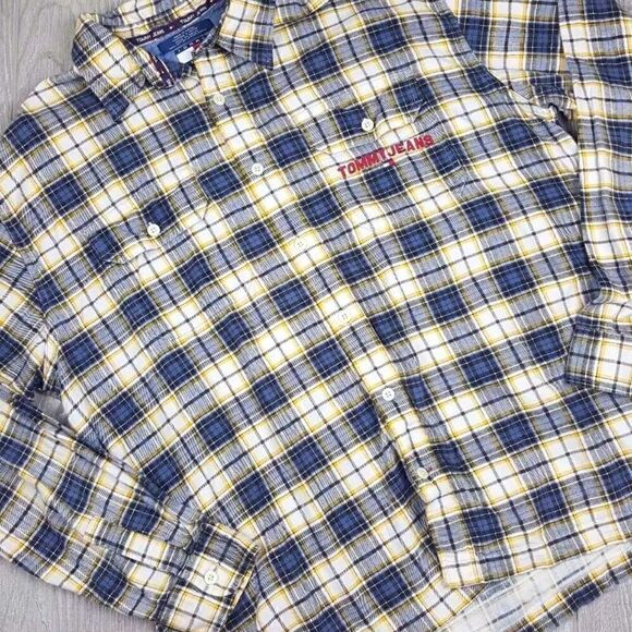 Vintage Tommy Hilfiger Tommy Jeans Long Sleeve Plaid Flannel Spell Out Pocket - Picture 3 of 11